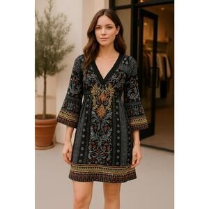 Flying Tomato Black Boho Embroidered Mini Dress 3/4 Sleeve Cotton Small